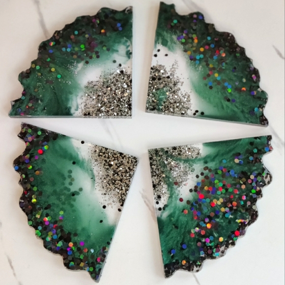Handmade Dark Green and Glitter Resin Coasters - Picture 3 of 5